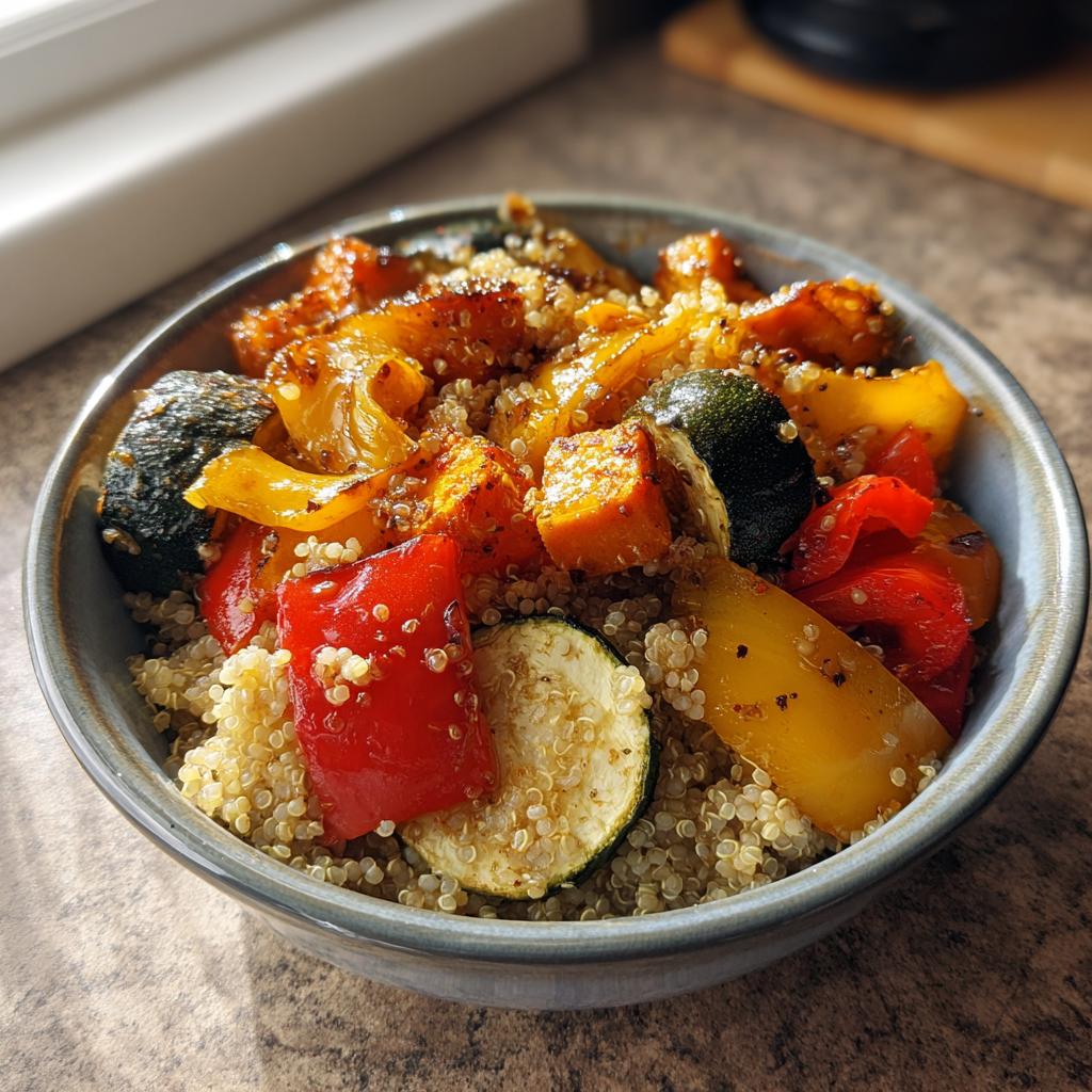 Close-up of quinoa and roasted vegetable power bowl with zucchini, peppers, and squash.