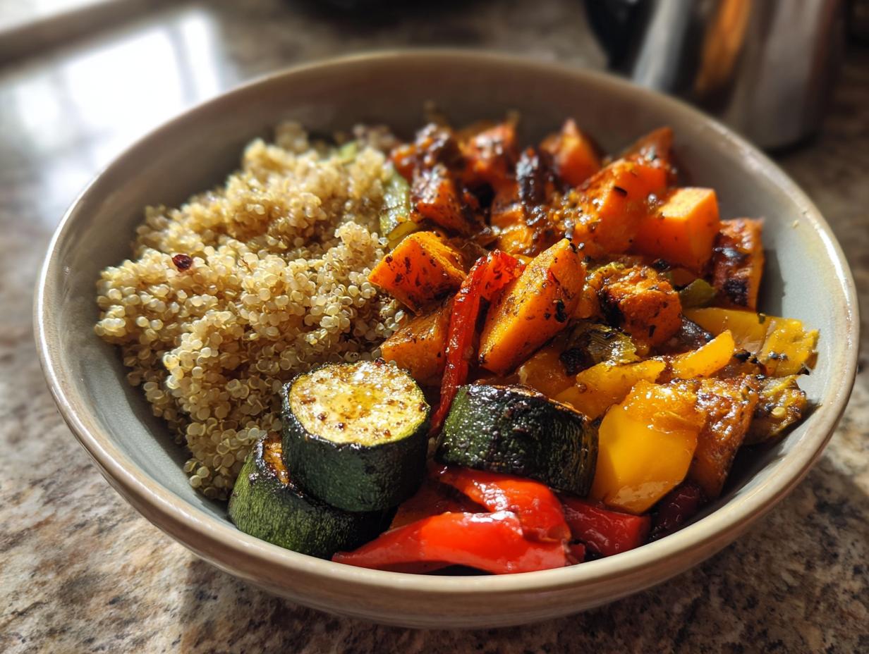 Ceramic bowl filled with quinoa and colorful roasted vegetables including zucchini, bell peppers, and sweet potatoes.