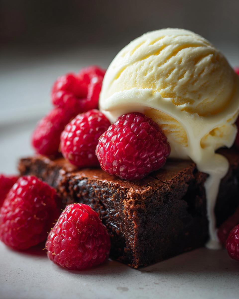 Raspberry chocolate brownie sundae with fresh raspberries and vanilla ice cream melting on top