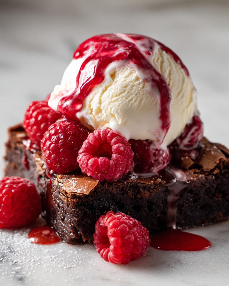 Raspberry chocolate brownie sundae with vanilla ice cream, fresh raspberries, and raspberry sauce drizzle.