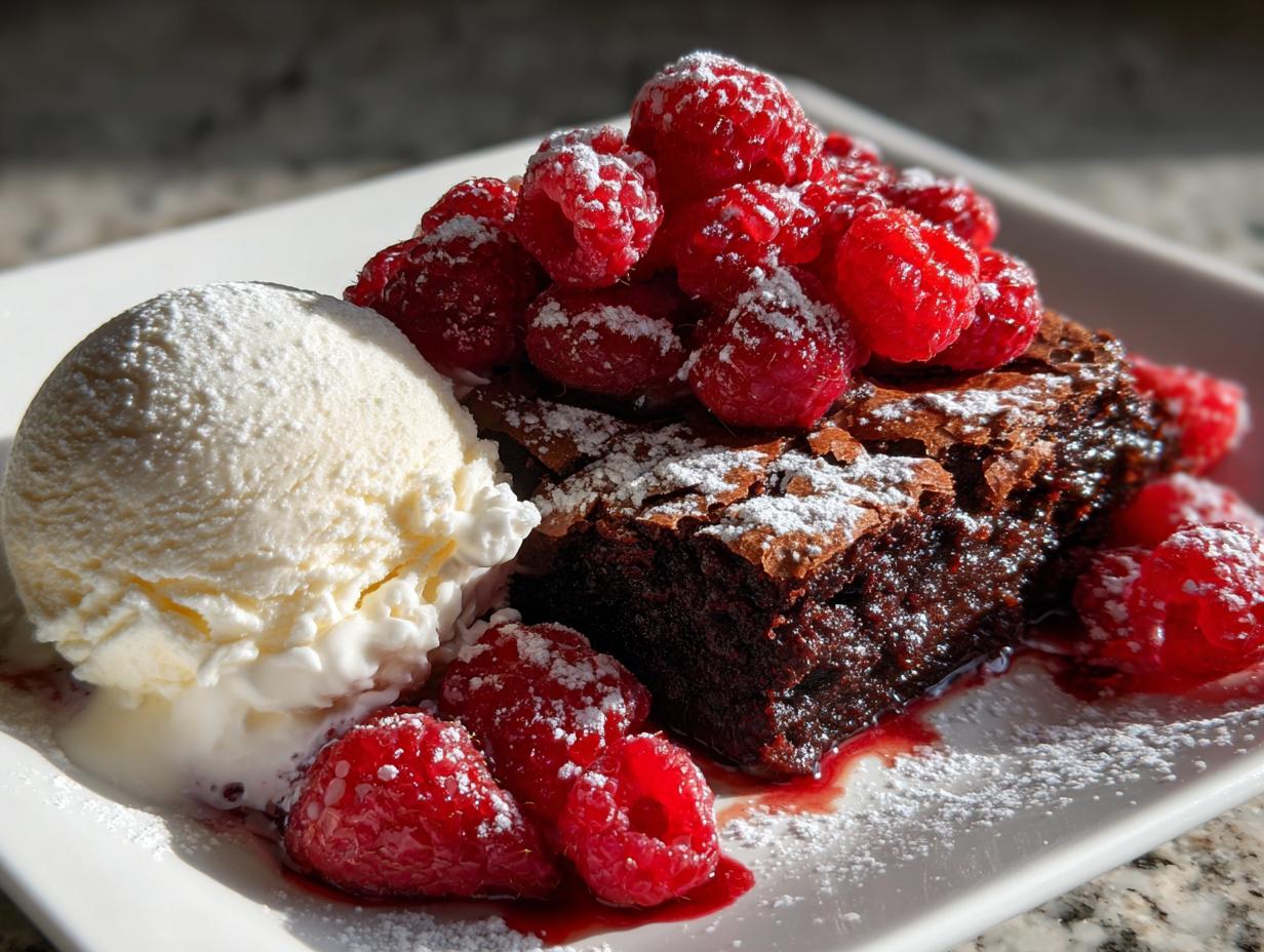 Raspberry chocolate brownie sundae topped with fresh raspberries and powdered sugar beside vanilla ice cream