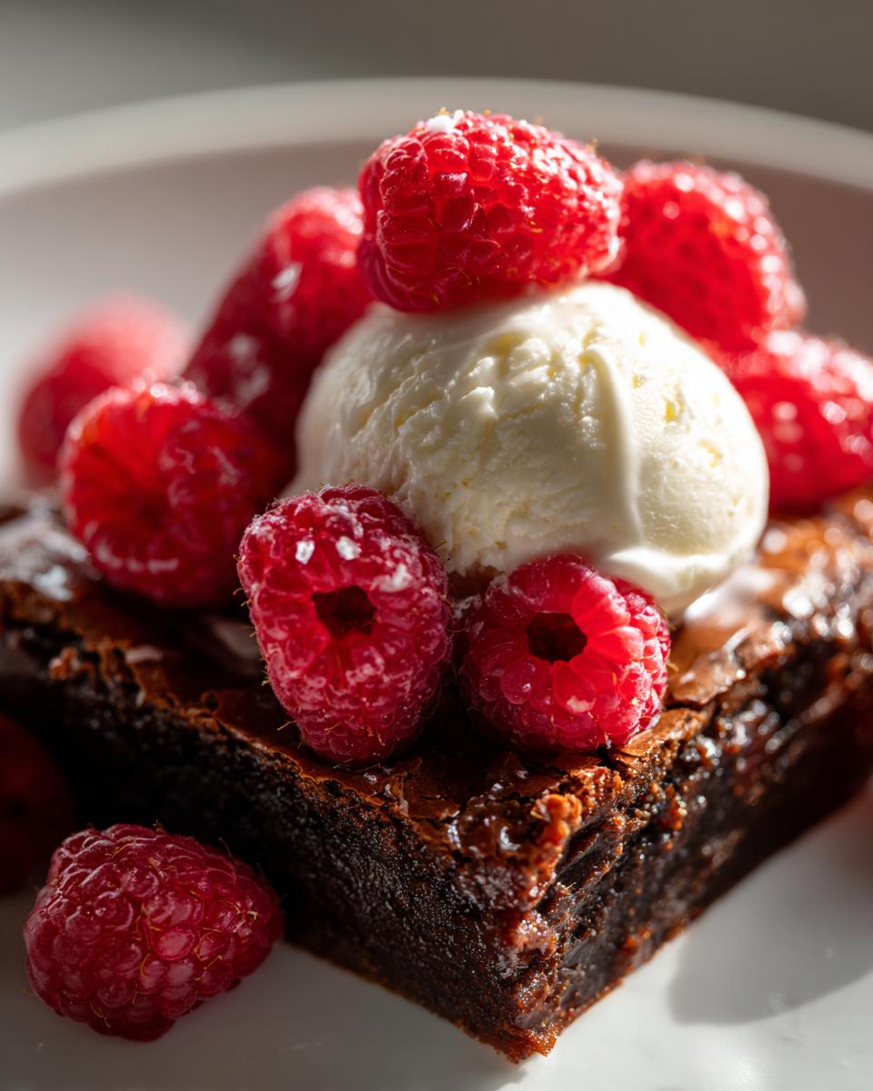Close-up of raspberry chocolate brownie sundae topped with vanilla ice cream and fresh raspberries