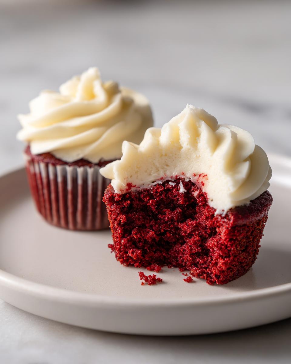Two red velvet cupcakes on a plate, one with a bite taken out showing moist crumb and cream cheese frosting
