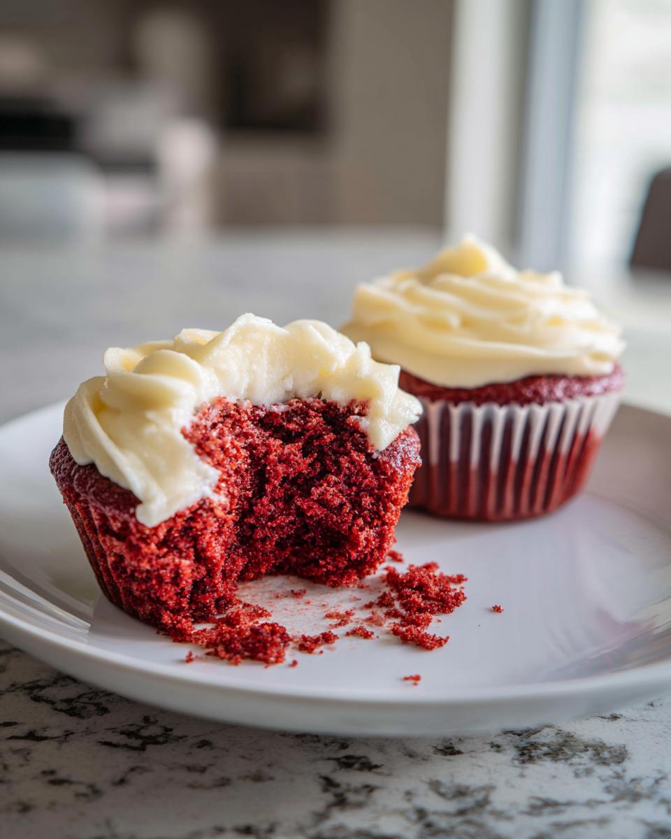 Two red velvet cupcakes on a white plate, one partially eaten, with cream cheese frosting.