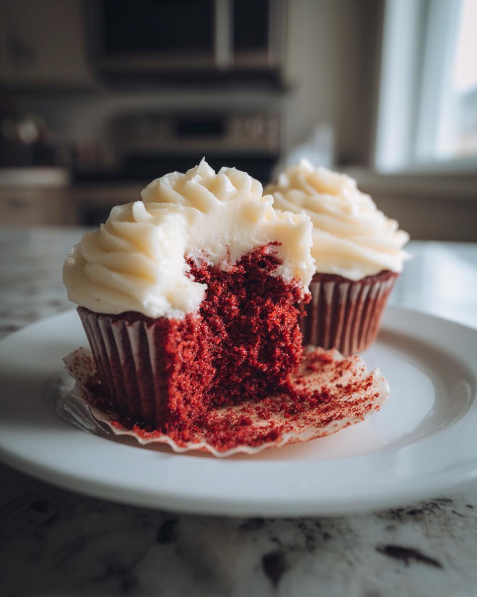 Two red velvet cupcakes on a plate, one with a bite taken out showing moist crumb and white frosting