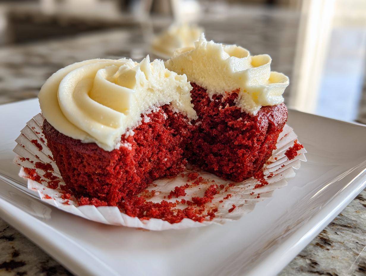 Red velvet cupcakes with creamy white frosting on a white plate, one cupcake cut in half.