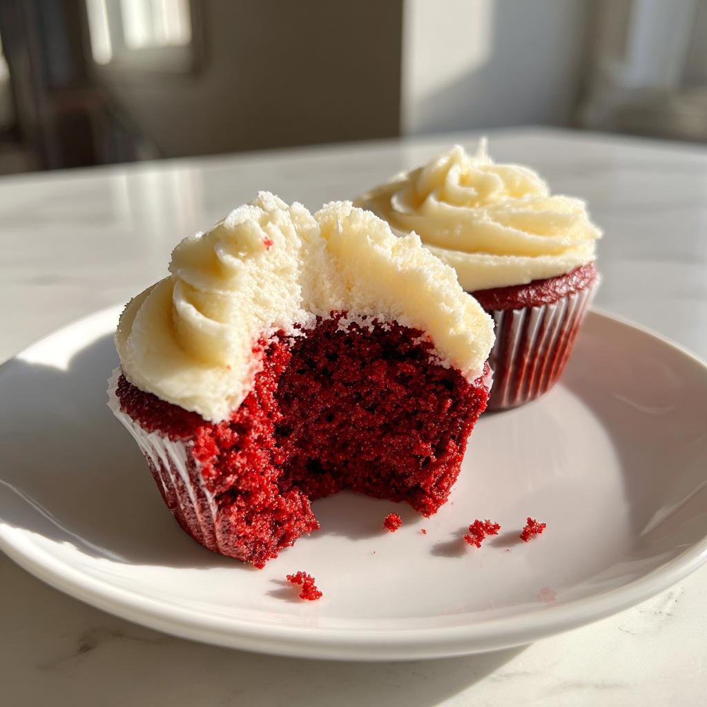 Two red velvet cupcakes on a white plate, one partially eaten showing moist red cake and cream cheese frosting
