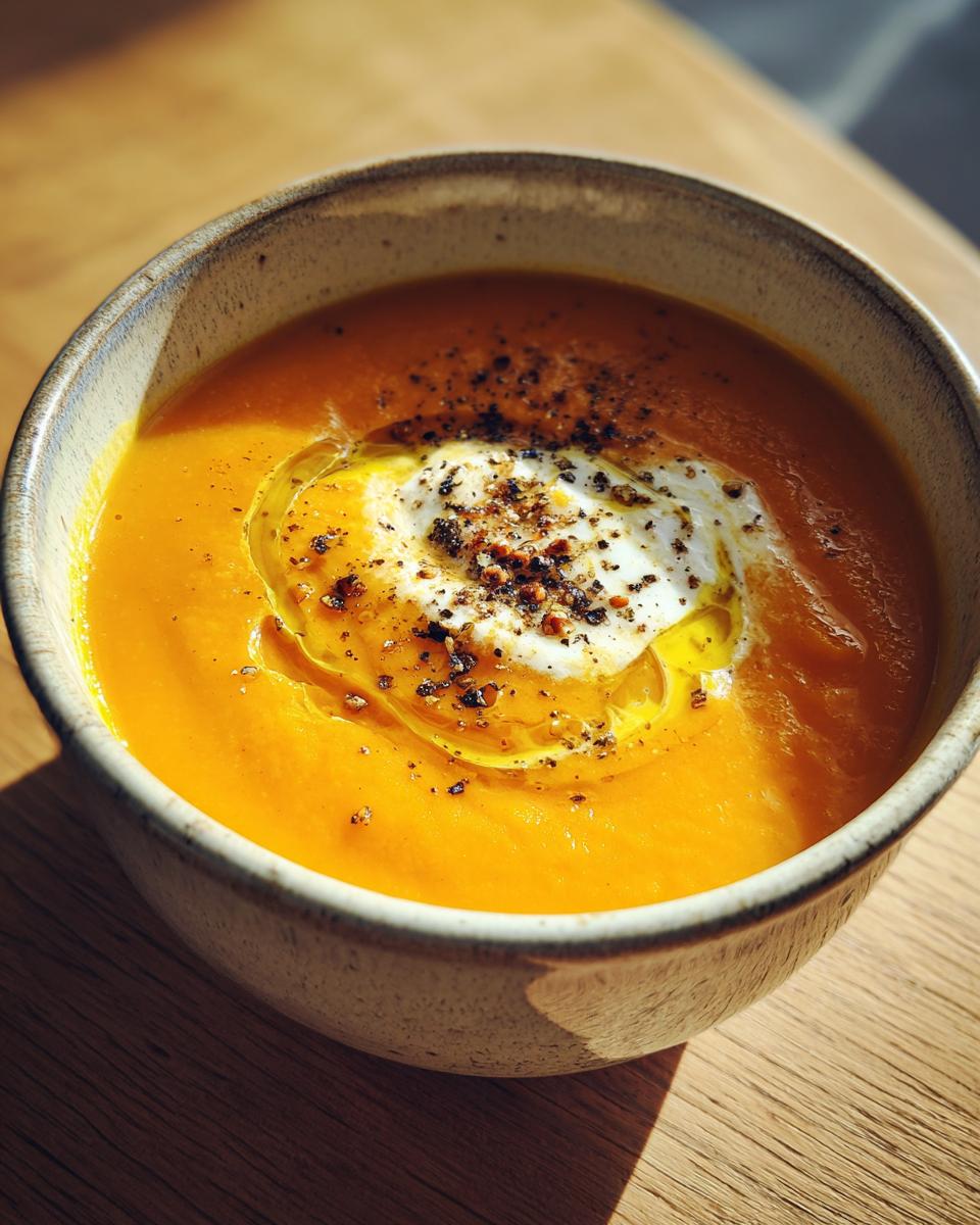 A bowl of roasted carrot and ginger soup topped with cream, olive oil, and cracked black pepper