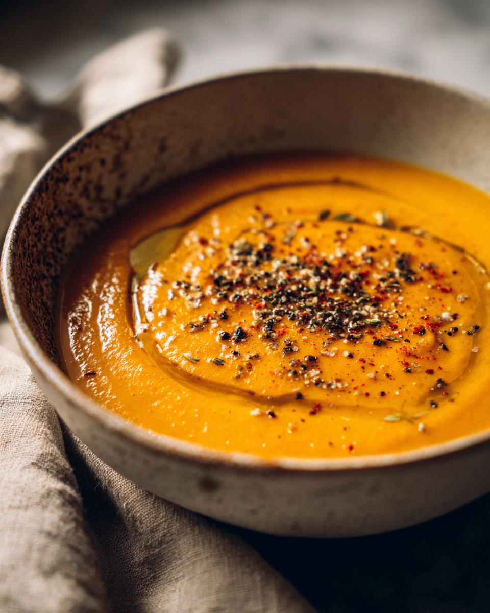 Close-up of a roasted carrot and ginger soup bowl topped with spices and olive oil.