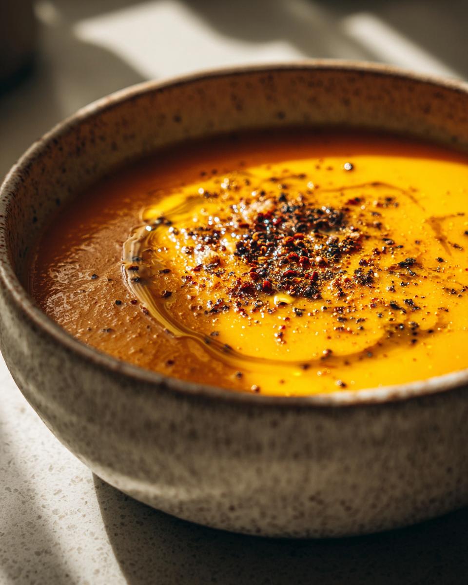 Close-up of roasted carrot and ginger soup bowl topped with pepper and oil drizzle.
