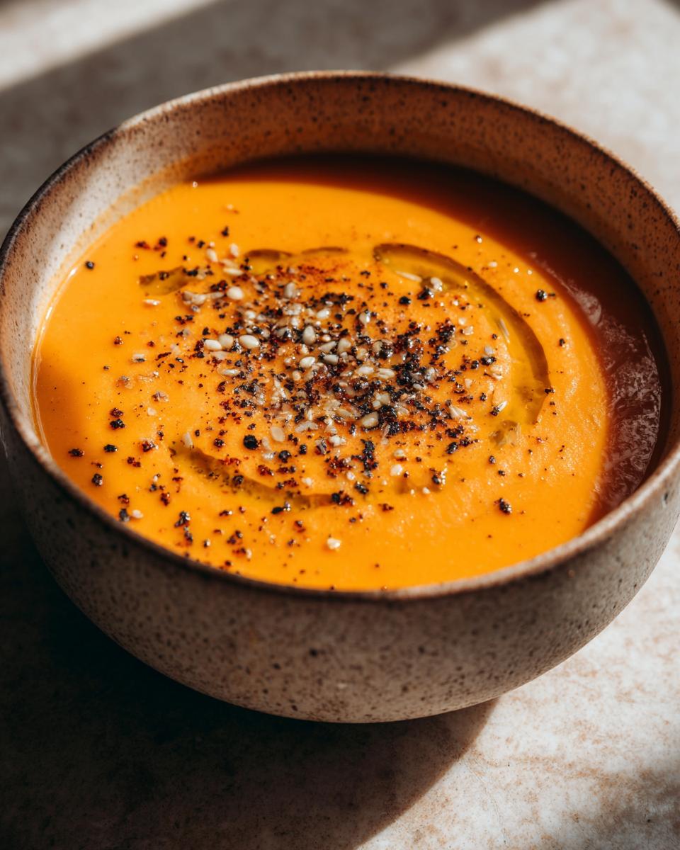 Bowl of creamy roasted carrot and ginger soup topped with seeds and spices.