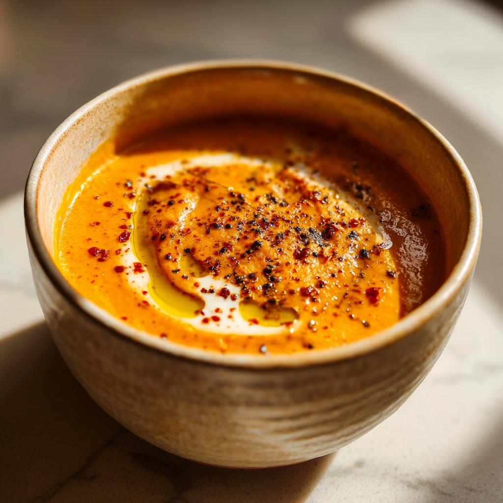 Bowl of roasted carrot and ginger soup topped with cream, olive oil, and spices