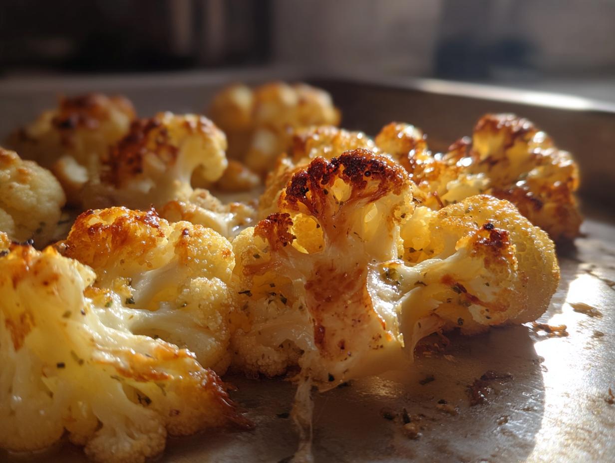 Close-up of roasted garlic parmesan cauliflower with golden-brown crispy edges.