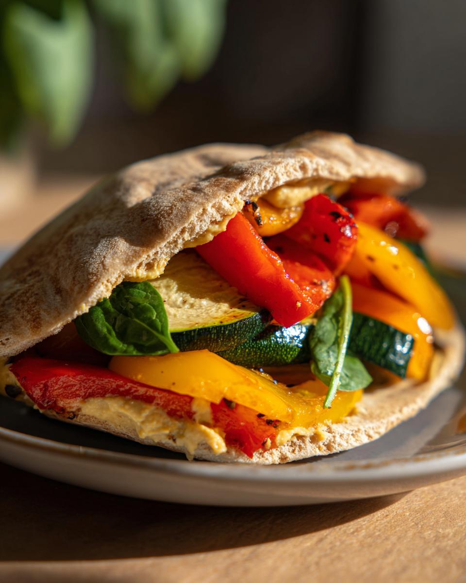 Close-up of a roasted veggie and hummus pita pocket filled with grilled peppers, zucchini, and spinach.