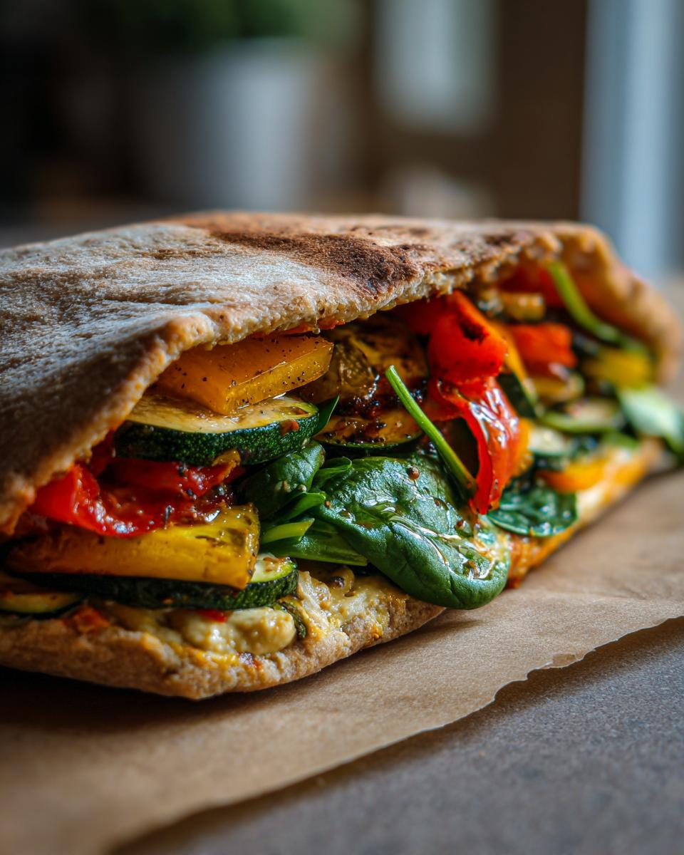 Close-up of a roasted veggie and hummus pita pocket with zucchini, peppers, and spinach.