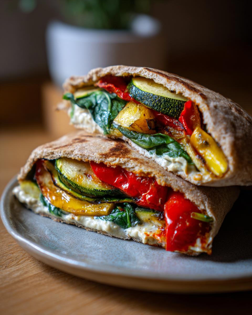 Close-up of a roasted veggie and hummus pita pocket stuffed with grilled zucchini, peppers, and spinach.