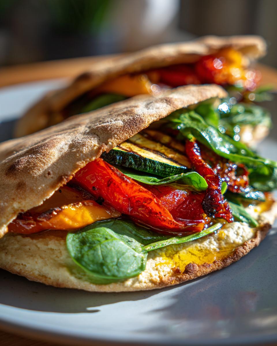 Roasted veggie and hummus pita pocket filled with grilled zucchini, bell peppers, and fresh spinach.