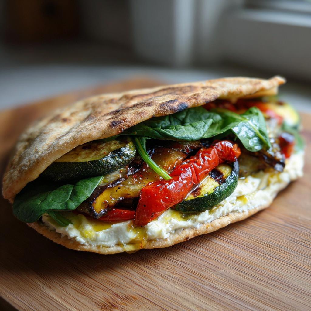 Close-up of roasted veggie and hummus pita pocket with spinach, zucchini, and red peppers