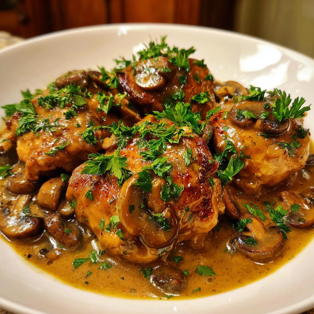 Close-up of chicken marsala skillet with mushrooms and fresh parsley in a creamy sauce.