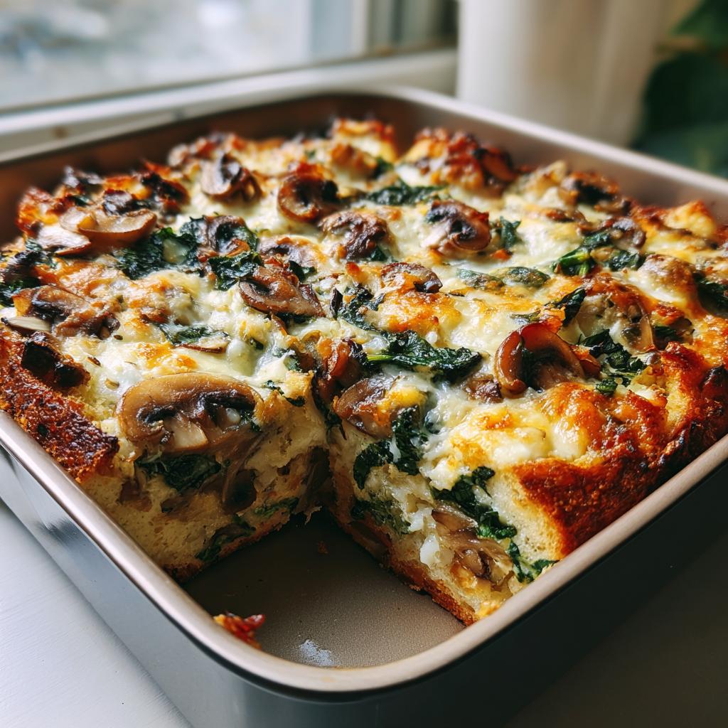 Close-up of savory spinach mushroom breakfast strata with melted cheese in a square baking pan