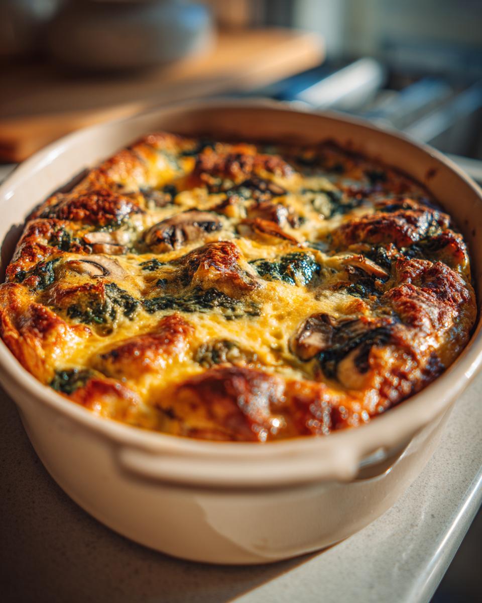 Close up of a golden brown savory spinach mushroom breakfast strata in a ceramic baking dish.