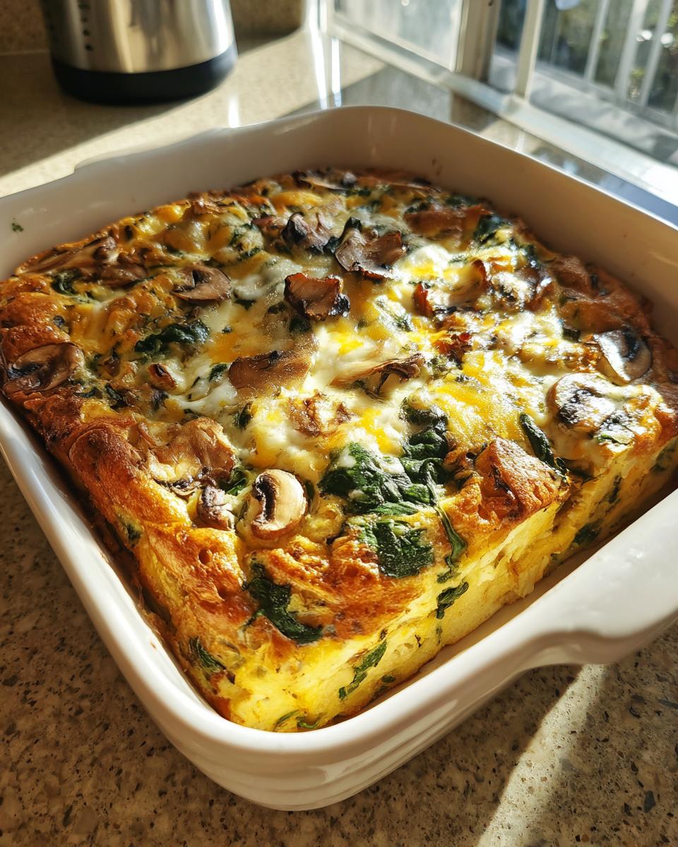 Golden savory spinach mushroom breakfast strata in a white baking dish on a kitchen counter.