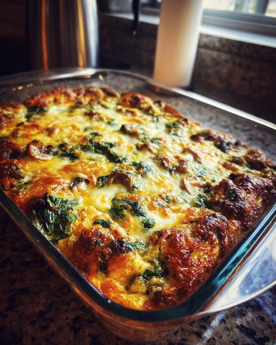 Glass baking dish with a golden-brown savory spinach mushroom breakfast strata fresh from the oven.
