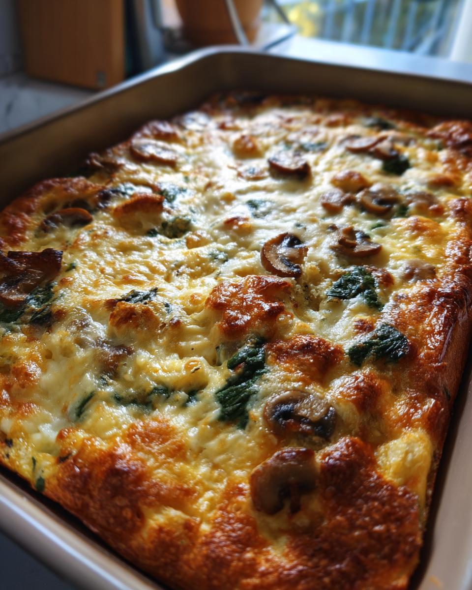 Close-up of savory spinach mushroom breakfast strata with melted cheese in a baking dish