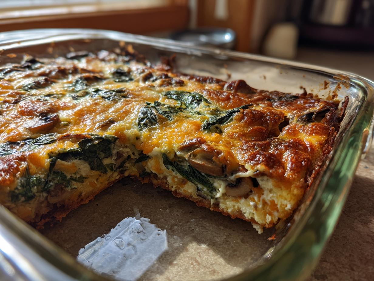 Close-up of savory spinach mushroom breakfast strata baked with melted cheese in a glass dish