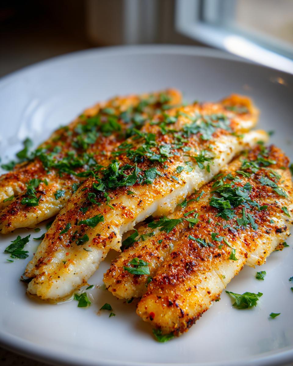 Three baked tilapia fillets on a white plate garnished with chopped parsley and spices