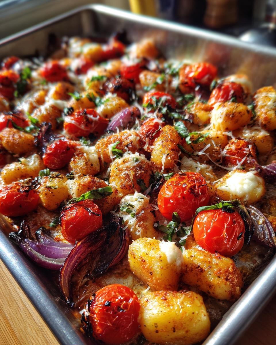 A sheet pan filled with golden sheet pan chicken gnocchi, roasted cherry tomatoes, and caramelized onions garnished with fresh herbs.