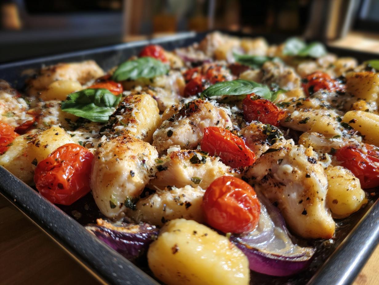 Close-up of sheet pan chicken gnocchi baked with cherry tomatoes, red onions, fresh basil, and herbs.