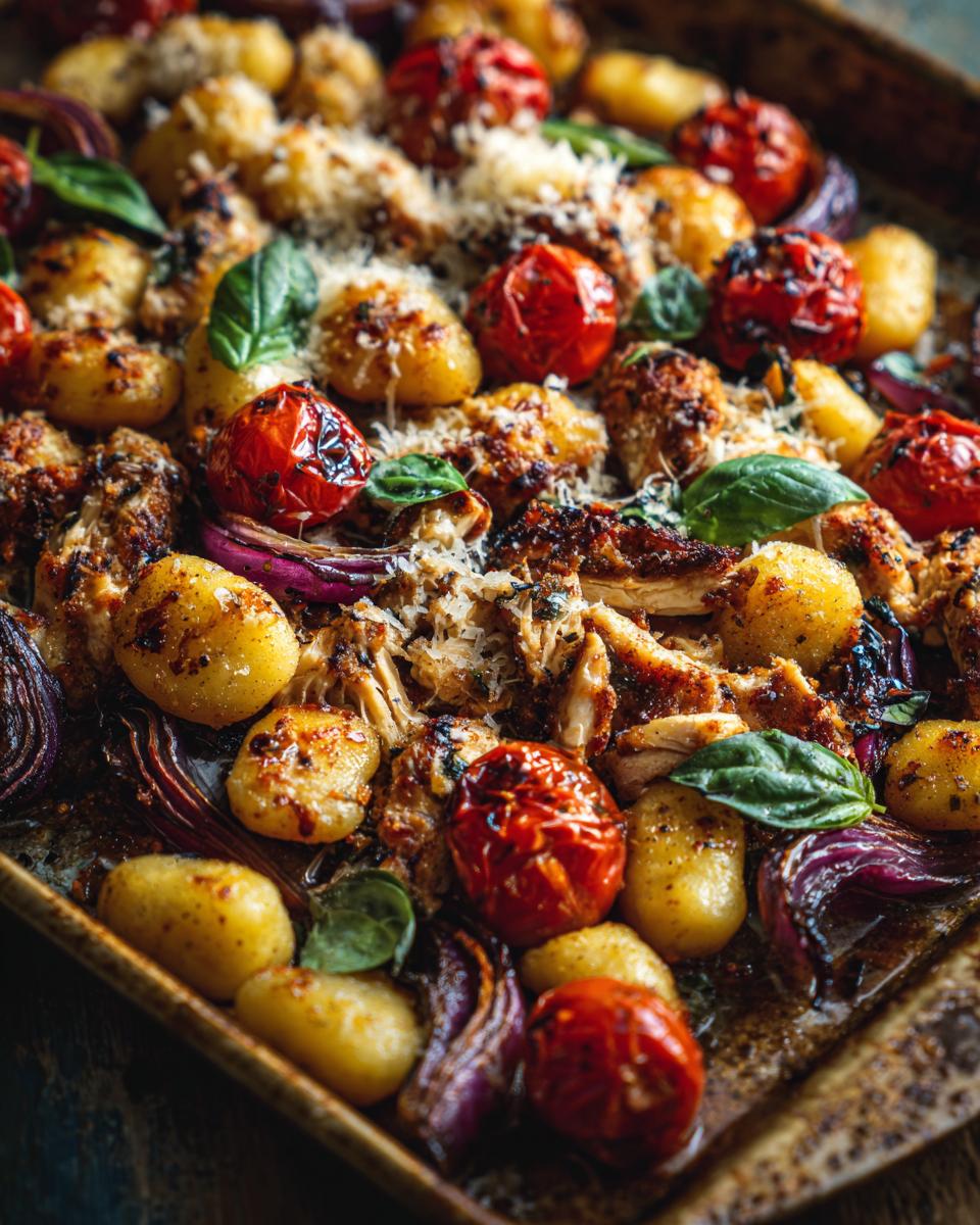Sheet pan chicken gnocchi roasted with cherry tomatoes, red onions, and fresh basil leaves.