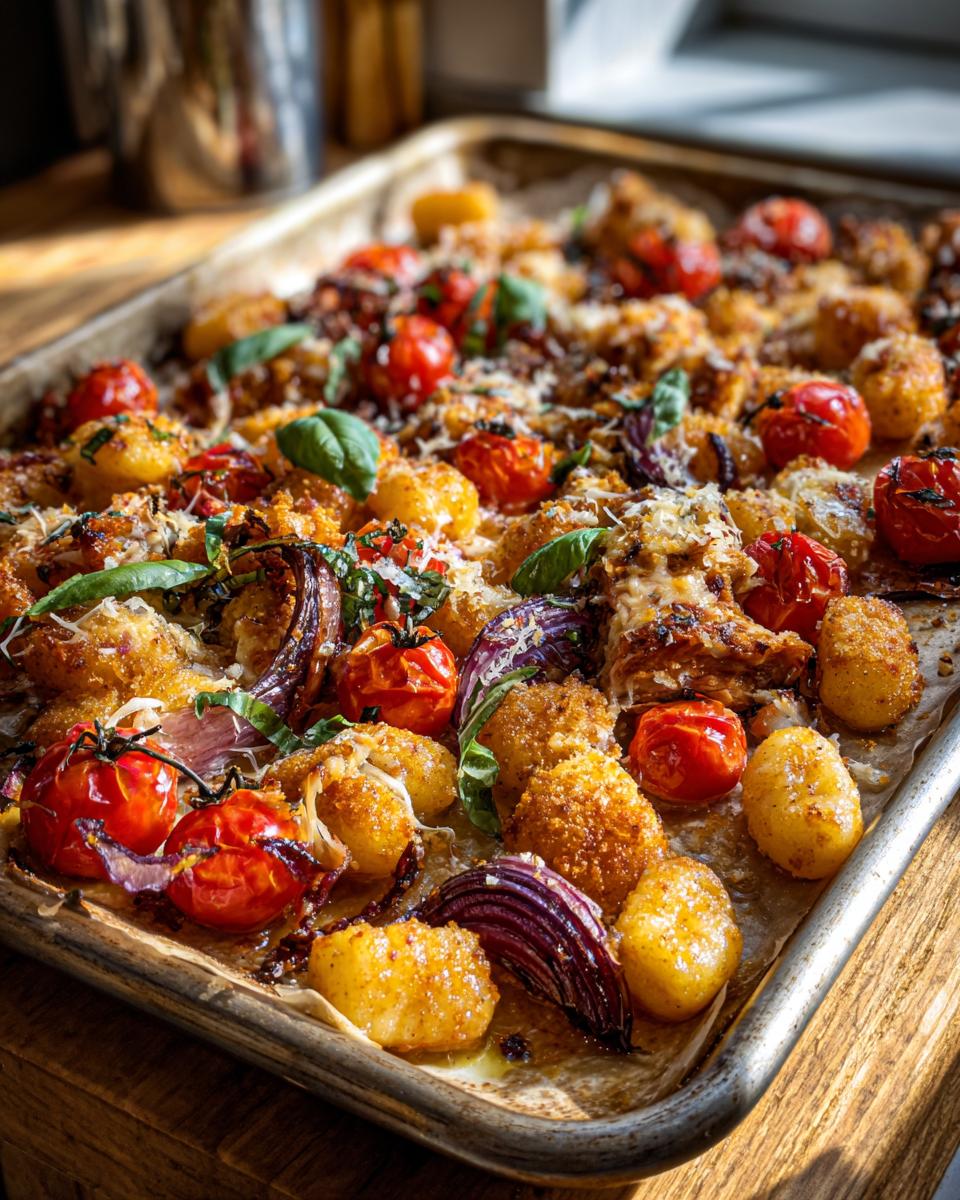 Sheet pan chicken gnocchi roasted with cherry tomatoes, red onion, fresh basil, and parmesan cheese