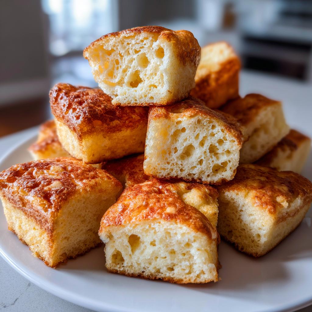 Close-up of golden sheet pan pancake bites for kids stacked on a white plate.