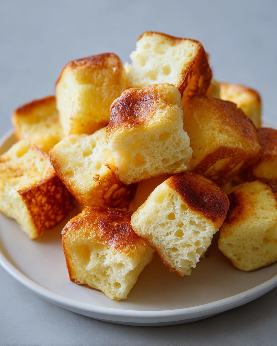 Close-up of golden sheet pan pancake bites for kids piled on a white plate.