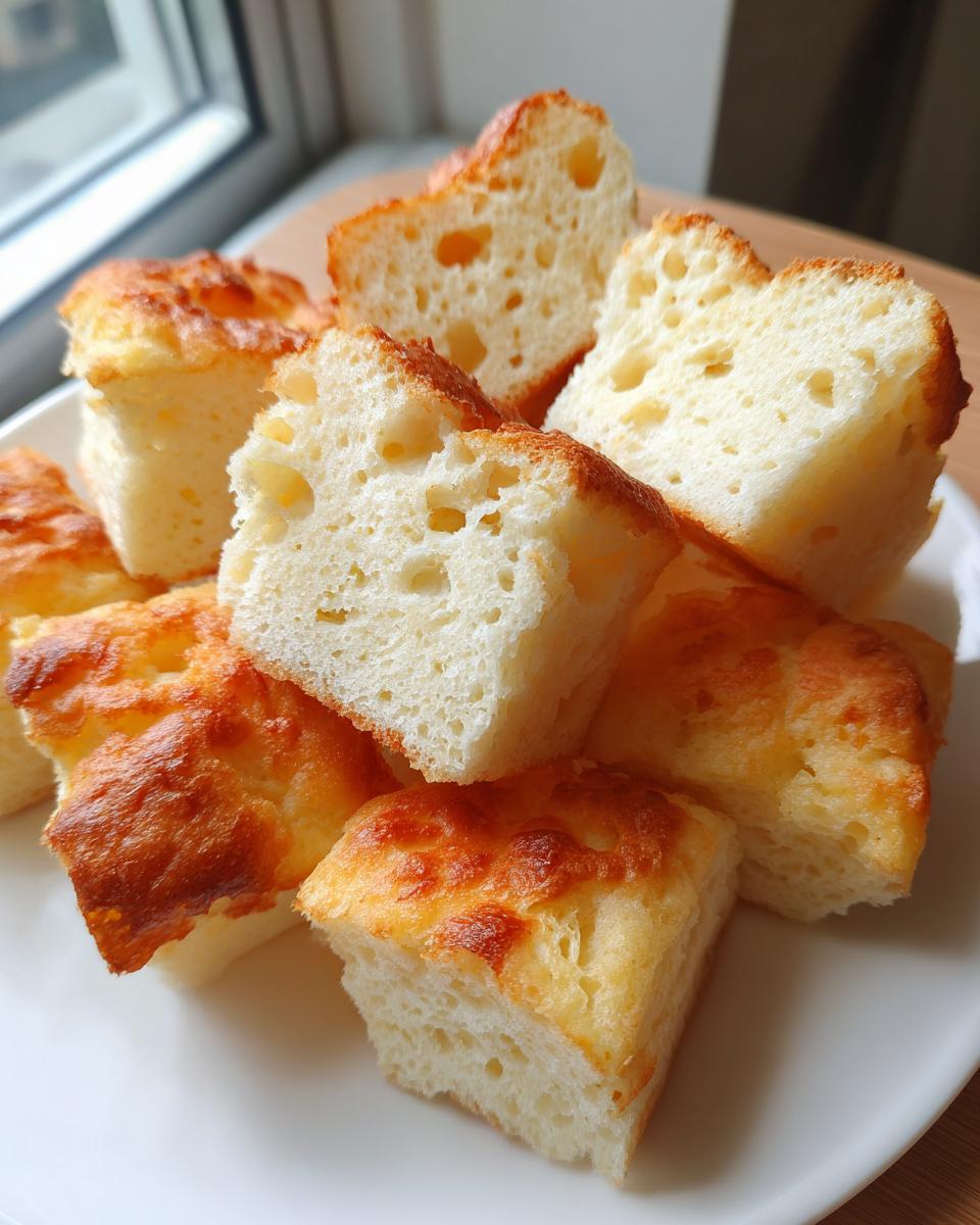 Close-up of fluffy, golden sheet pan pancake bites for kids stacked on a white plate