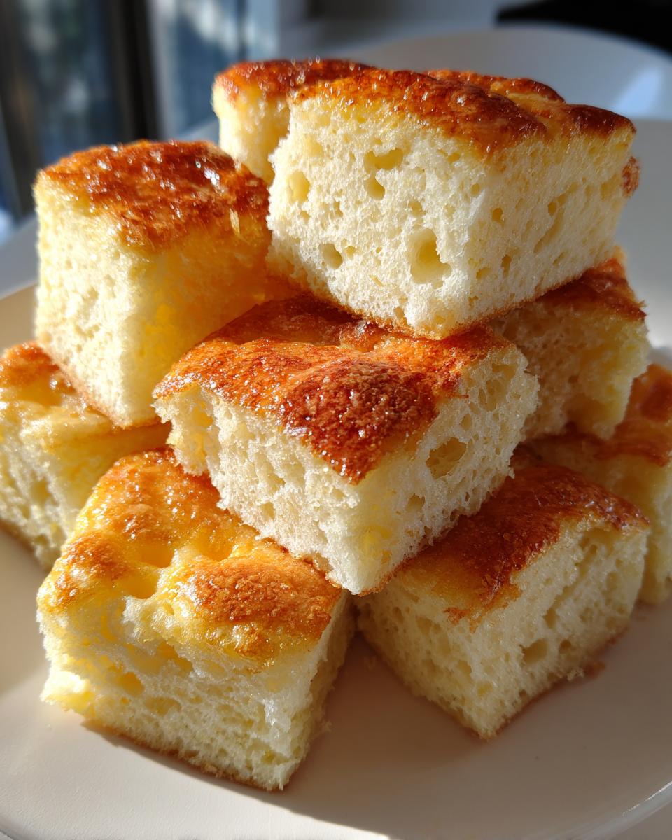 Close-up of golden sheet pan pancake bites for kids stacked on a white plate