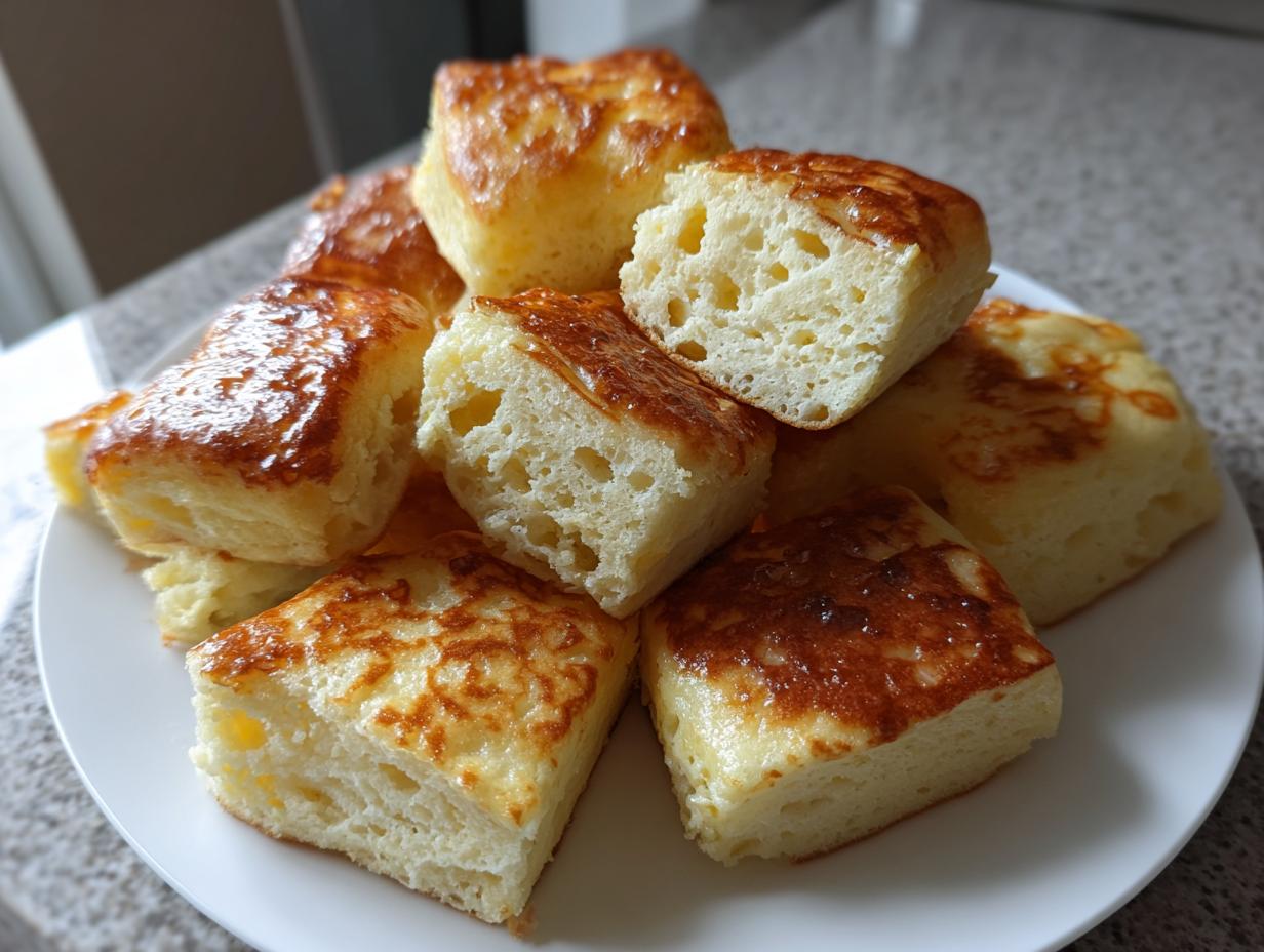 Close-up of golden sheet pan pancake bites for kids piled on a white plate.
