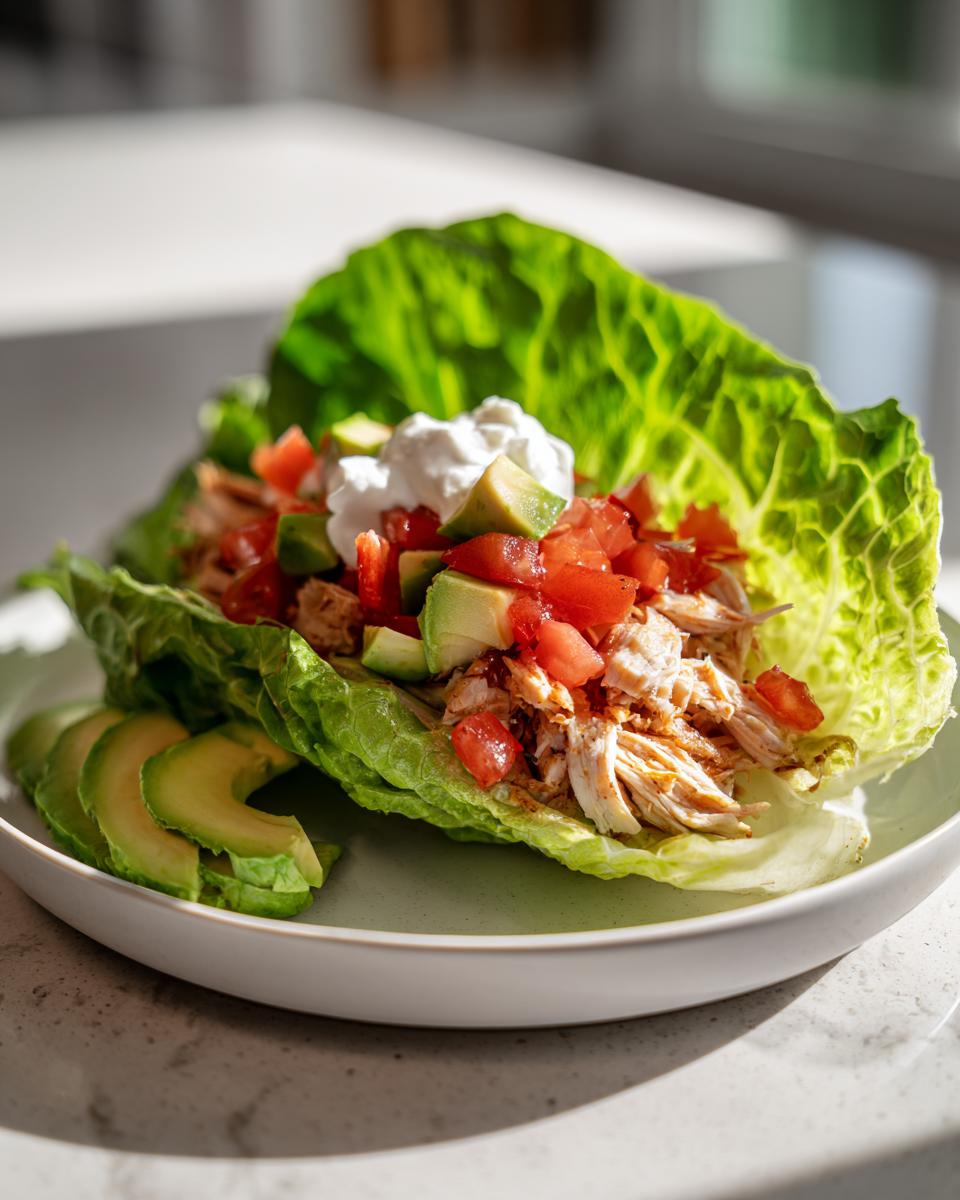 Shredded chicken lettuce taco wraps topped with diced tomatoes, avocado, and sour cream on a white plate.