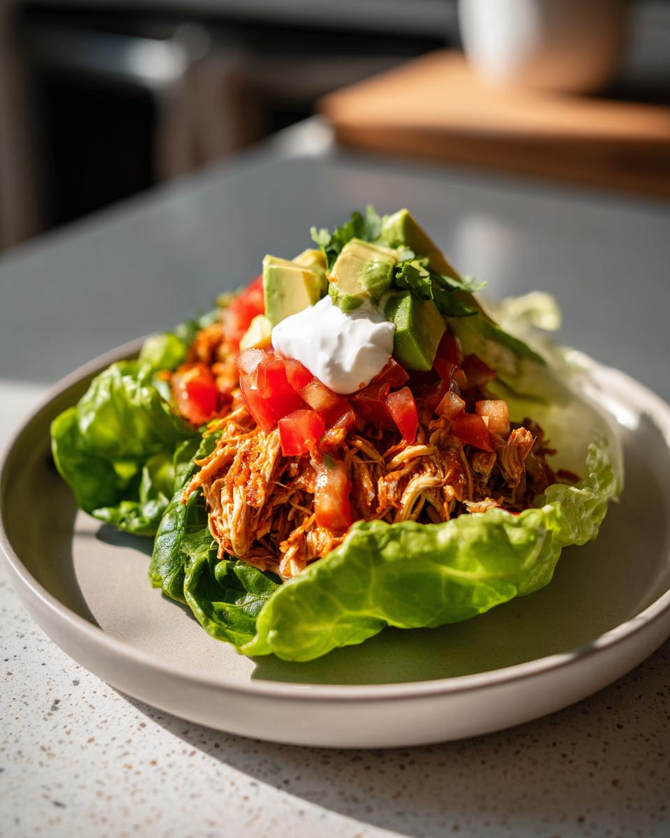 Shredded chicken lettuce taco wraps topped with diced tomatoes, avocado, sour cream, and cilantro on a plate.