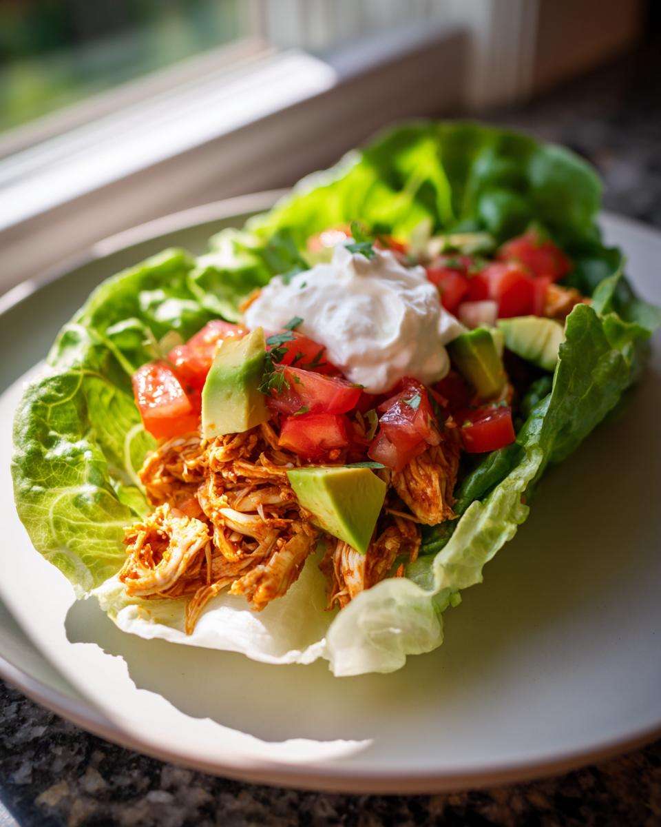 Shredded chicken lettuce taco wraps topped with diced tomatoes, avocado, and sour cream
