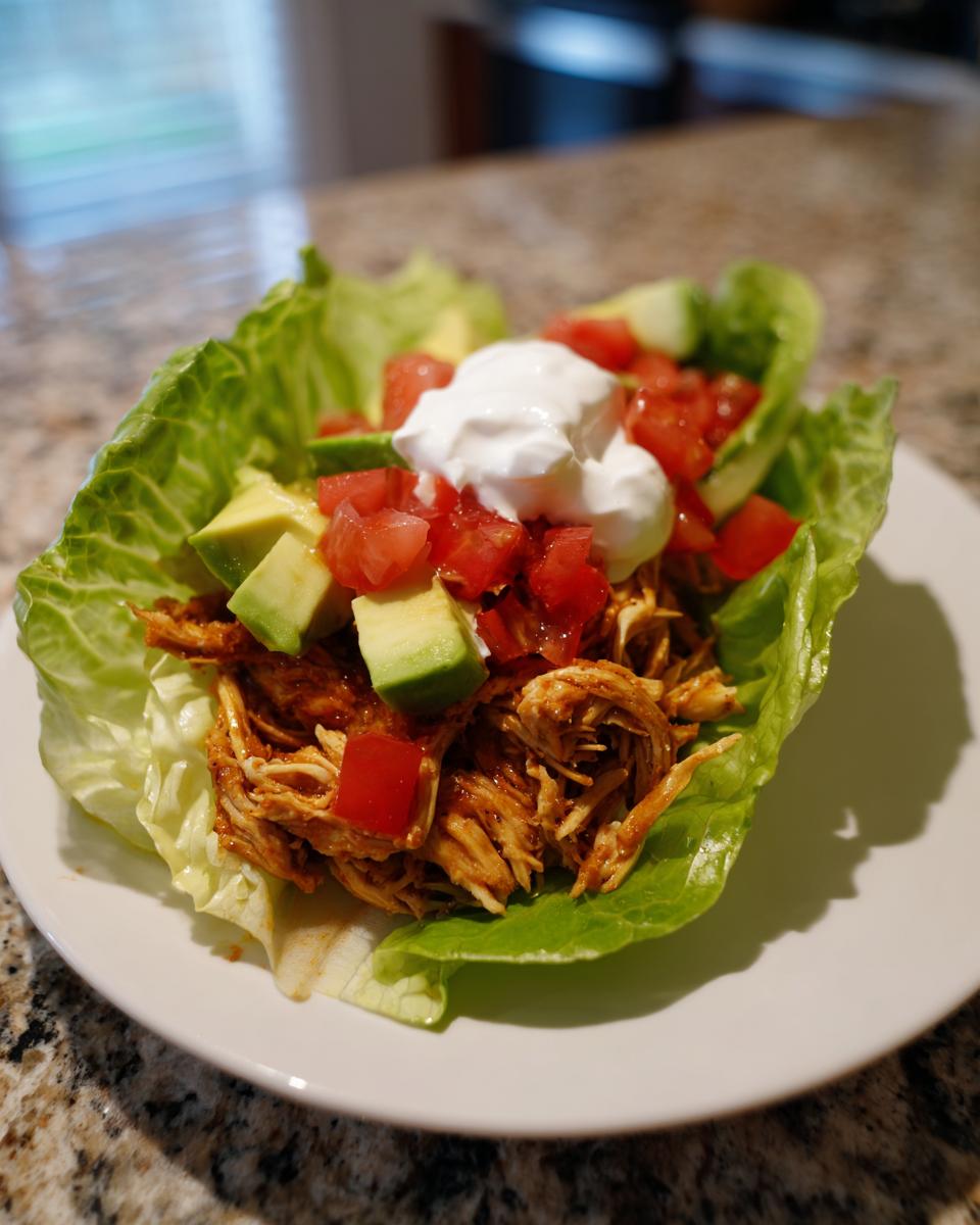Shredded chicken lettuce taco wraps topped with diced avocado, tomato, and sour cream on a white plate.