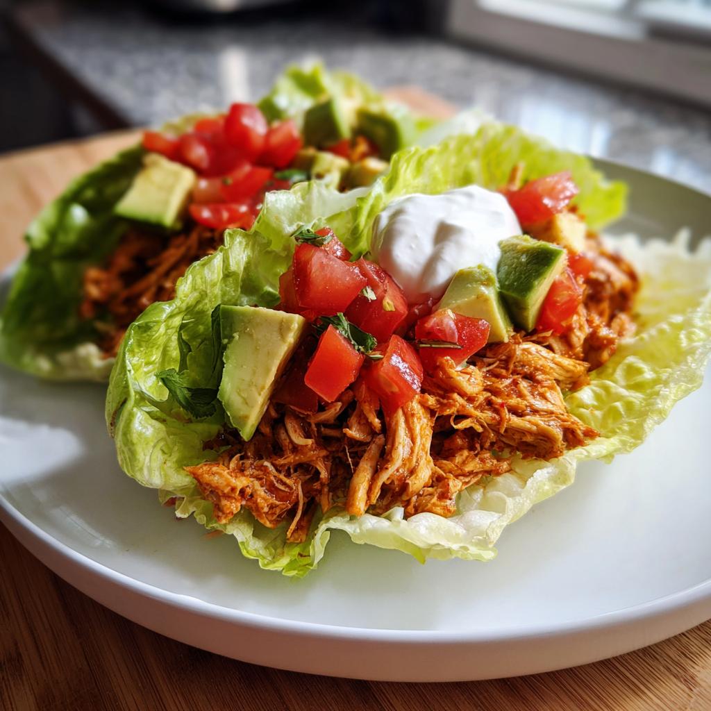 Two shredded chicken lettuce taco wraps filled with avocado, tomatoes, and sour cream.