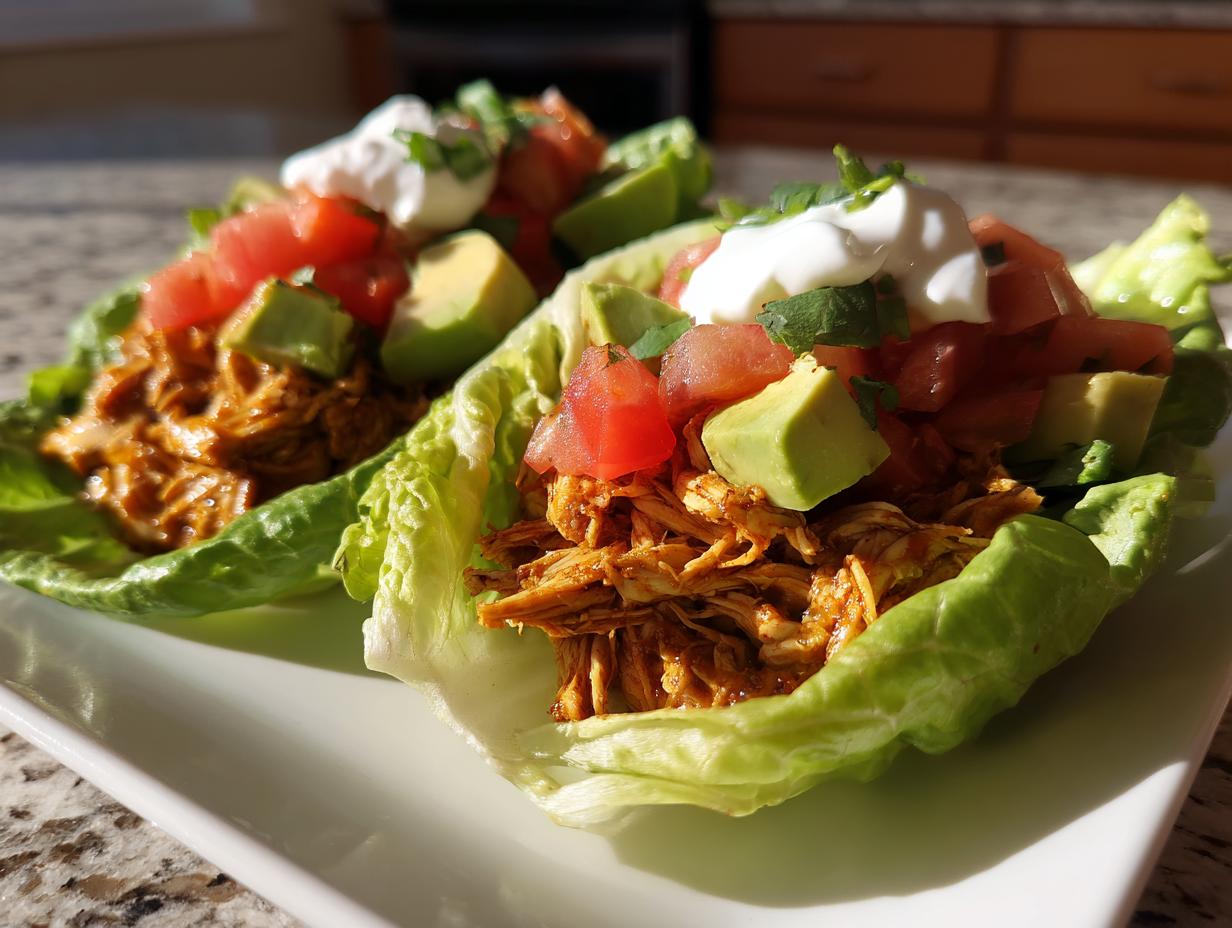 Two shredded chicken lettuce taco wraps topped with diced tomatoes, avocado, and sour cream.