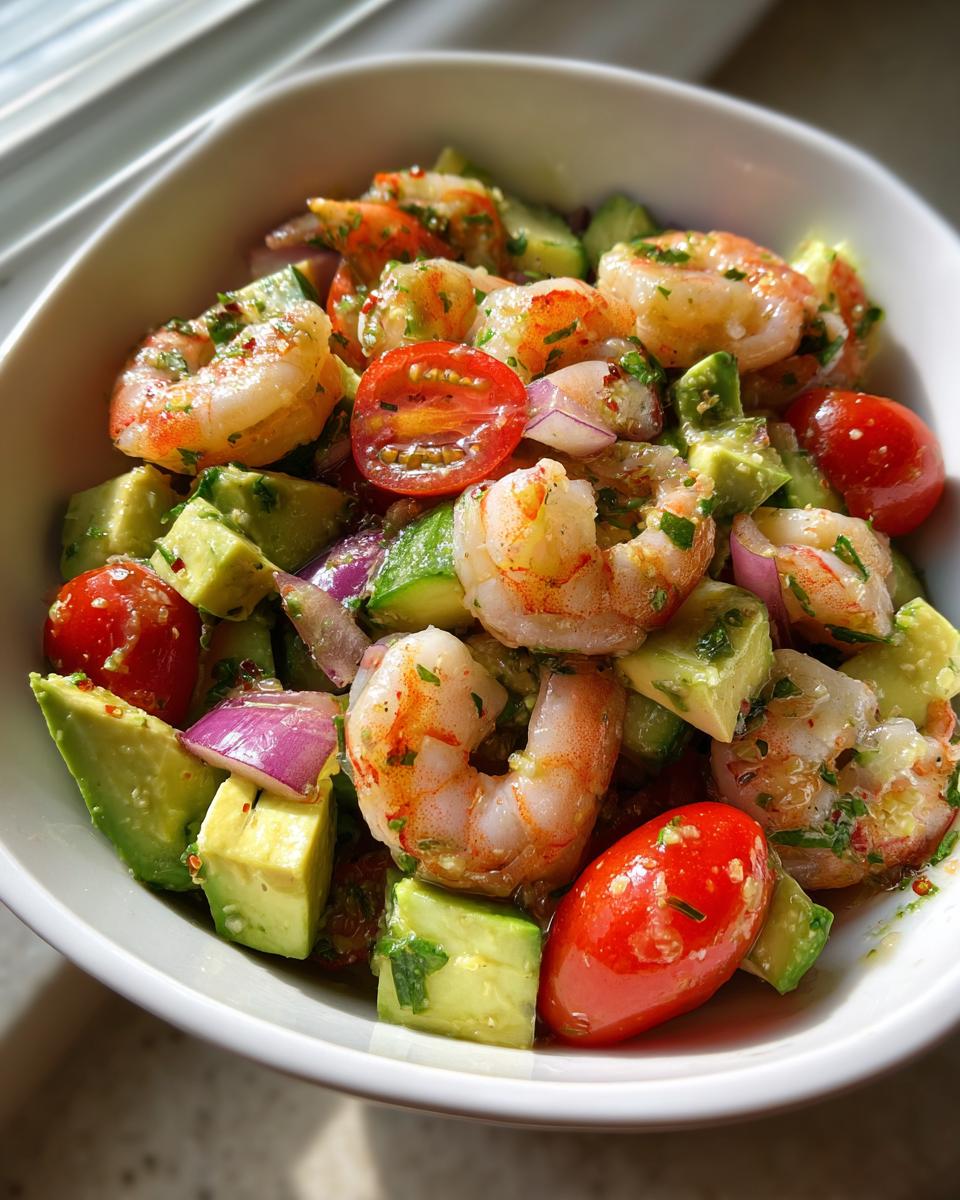 Shrimp and avocado salad lunch bowl with cherry tomatoes, red onions, and herbs in a white bowl