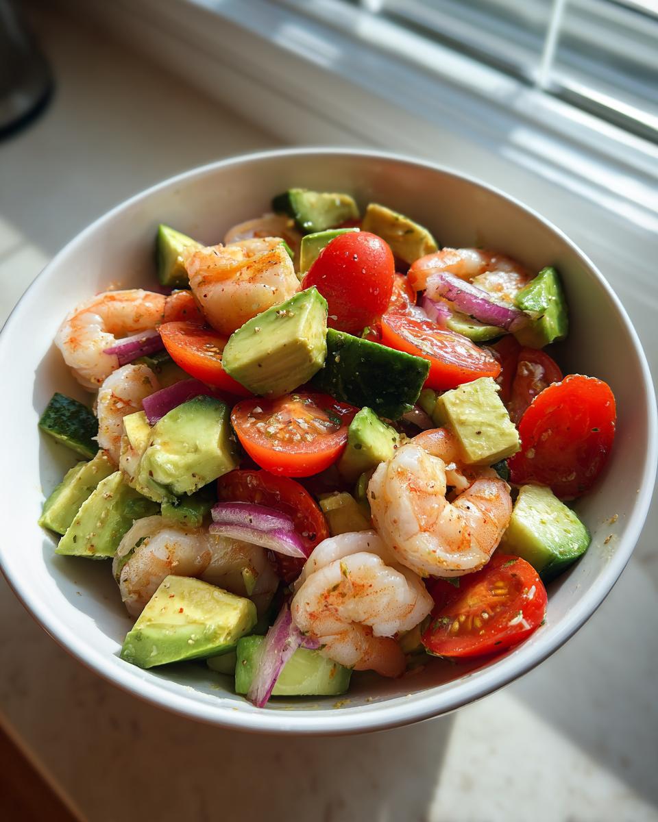 Bowl of shrimp and avocado salad lunch bowl with cherry tomatoes, avocado, shrimp, cucumber, and red onion