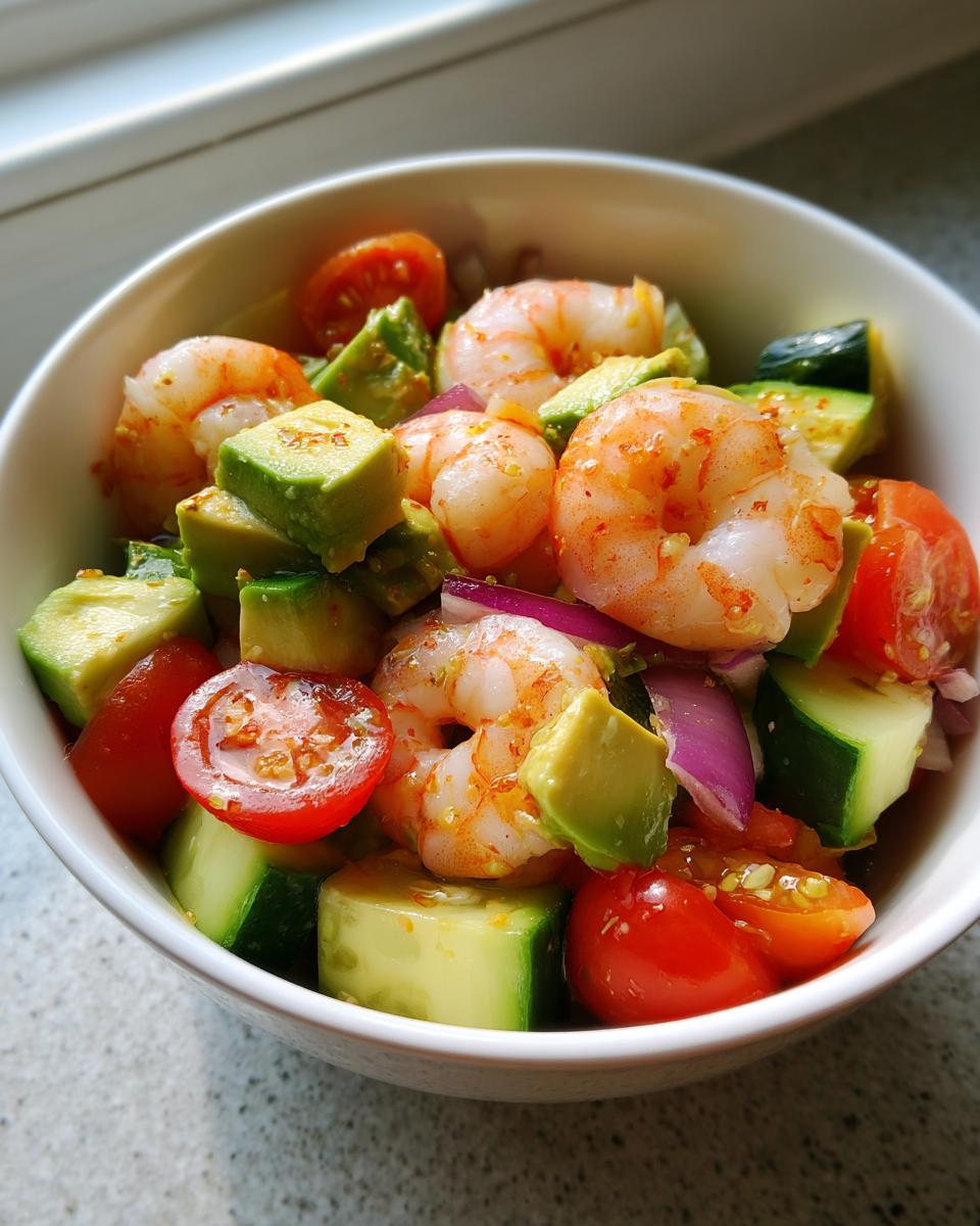 Bowl of shrimp and avocado salad lunch bowl with cherry tomatoes, cucumbers, and red onions