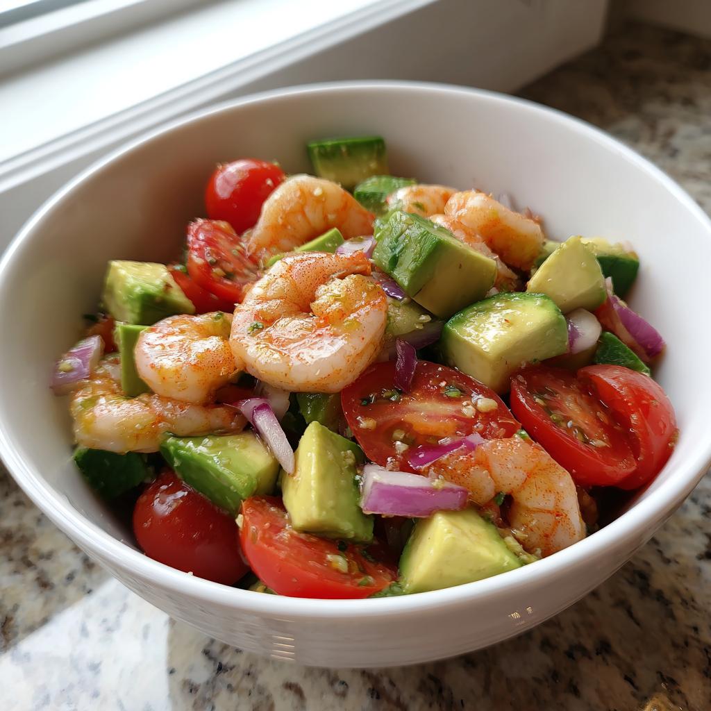 Shrimp and avocado salad lunch bowl with cherry tomatoes and red onion in white bowl