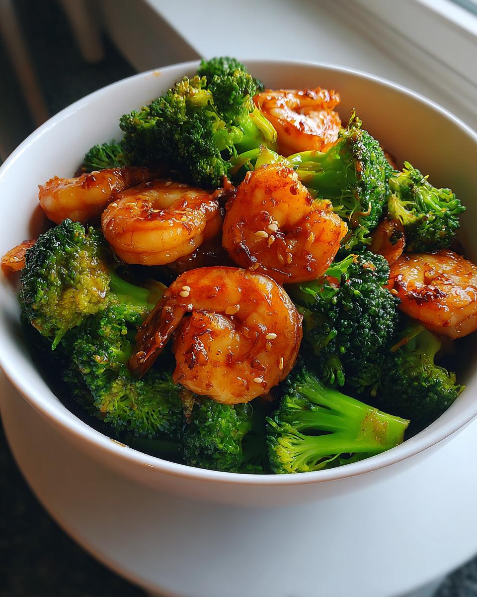 Bowl of shrimp broccoli stir fry with glazed shrimp and bright green broccoli florets